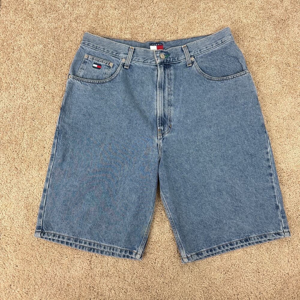 Vintage 90s Tommy Hilfiger Freedom Short Blue Denim Men Shorts Size 36